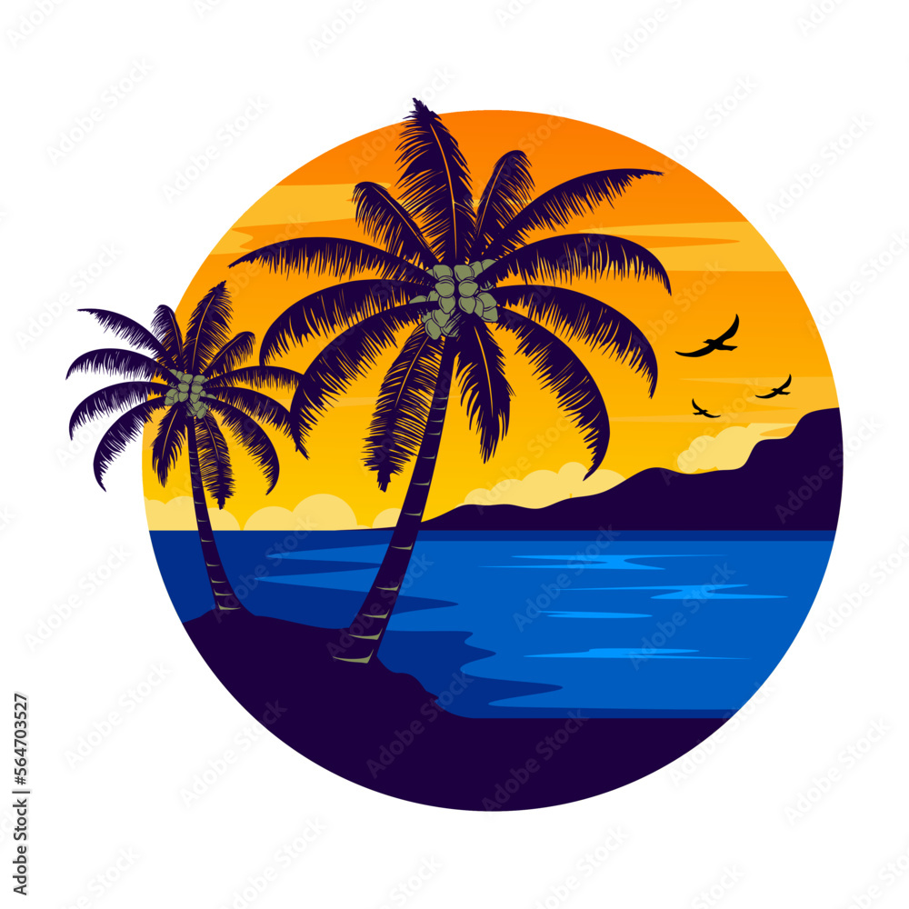sunset logo. beach, palm trees and sunset, sea adventure design