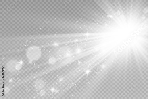 Special lens flash, light effect. The flash flashes rays and searchlight. illust.White glowing light. Beautiful star Light from the rays. The sun is backlit. Bright beautiful star. Sunlight. Glare.	