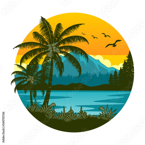 mountain and sunset logo inspiration design. concept of beach, palm trees and sunset.
