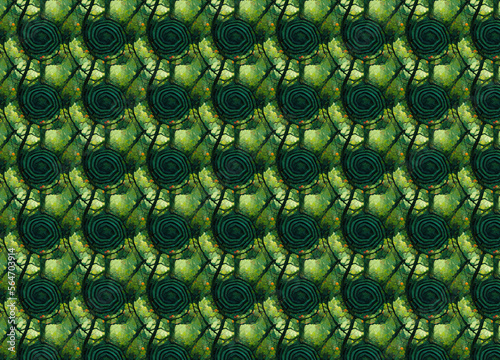 Intersecting circles of various colors on a dark forest green background