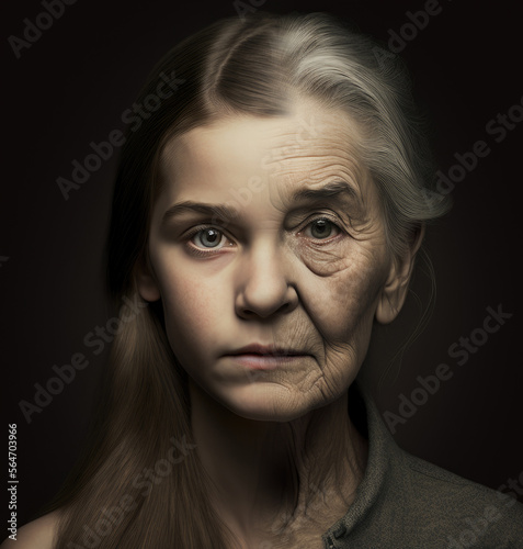 illustration of half face girl and the other grandma, aging concept, generative AI photo