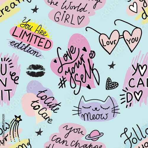 Girls seamless pattern with calligraphic slogan, hearts, words  . background ...