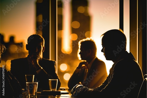 Silhouette of business people meeting in office site with backlight nigh sunset  generative ai