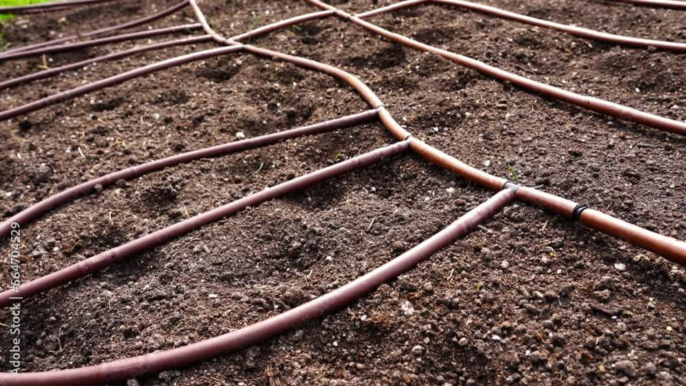 Garden bed drip irrigation system with rubber tubes on soil against green grass on local farm under bright sunlight in spring