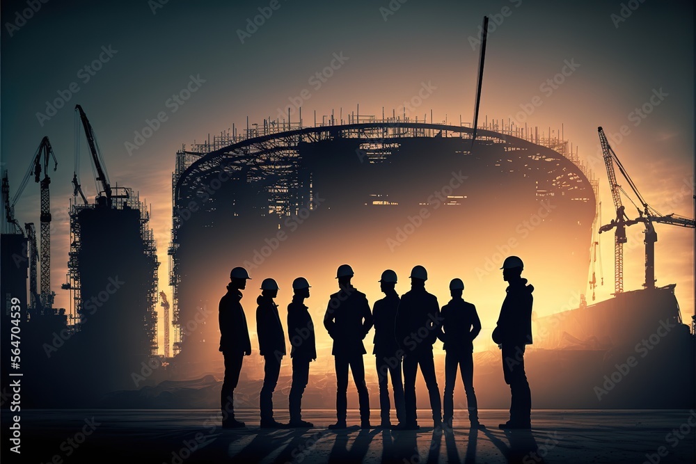 Fototapeta premium Silhouette of business people shake hand in constructions site office with backlight nigh sunset, generative ai