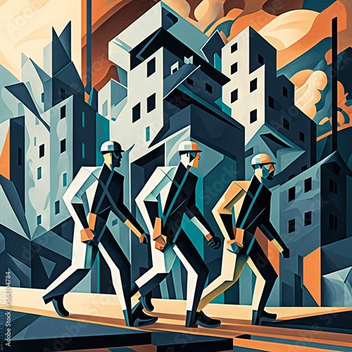 Cubis art with three workers walking surrounded with buildings. Made with Generative AI   photo