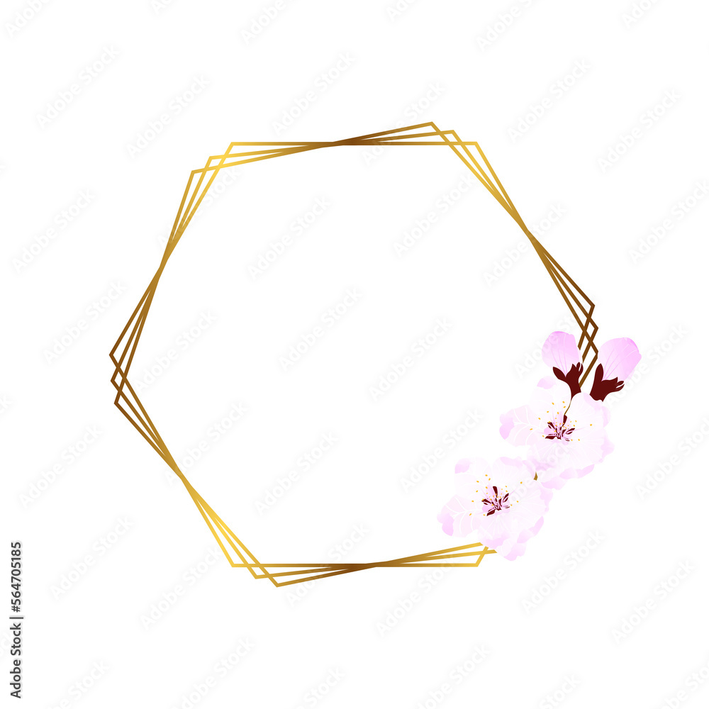 Gold frame with soft pink flowers. Wedding invitation template. Vector illustration. A wreath of cherry blossoms. Spring cherry blossoms. Symbol of love Gold frame with soft pink flowers. Wedding invitation template. Vector illustration. A wreath of cherry blossoms. Spring cherry blossoms. Symbol of love