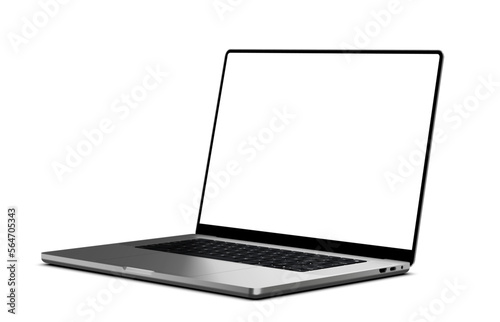 Laptop modern frameless with blank transparent screen and background - angled view super high detailed photorealistic vector