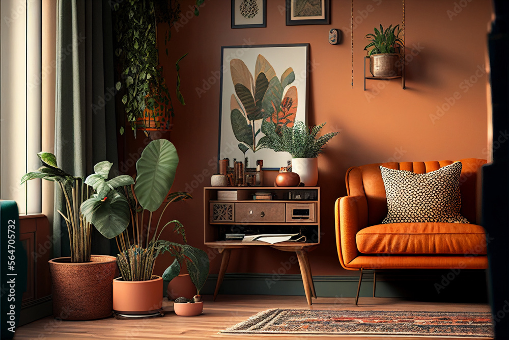 Beautiful retro living room in warm caramel autumn colors, Interior Design Ideas, Home Decoration, generative ai - obrazy, fototapety, plakaty 