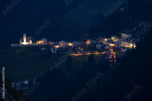 The village of Santa Lucia by night with the lights on