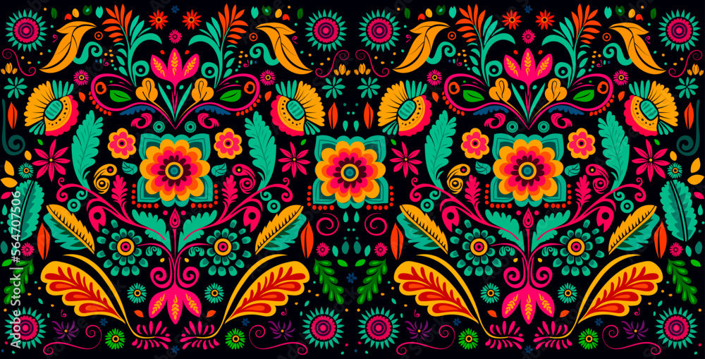 Patron geométrico floral estilo mexicano, colores brillantes - obrazy, fototapety, plakaty 