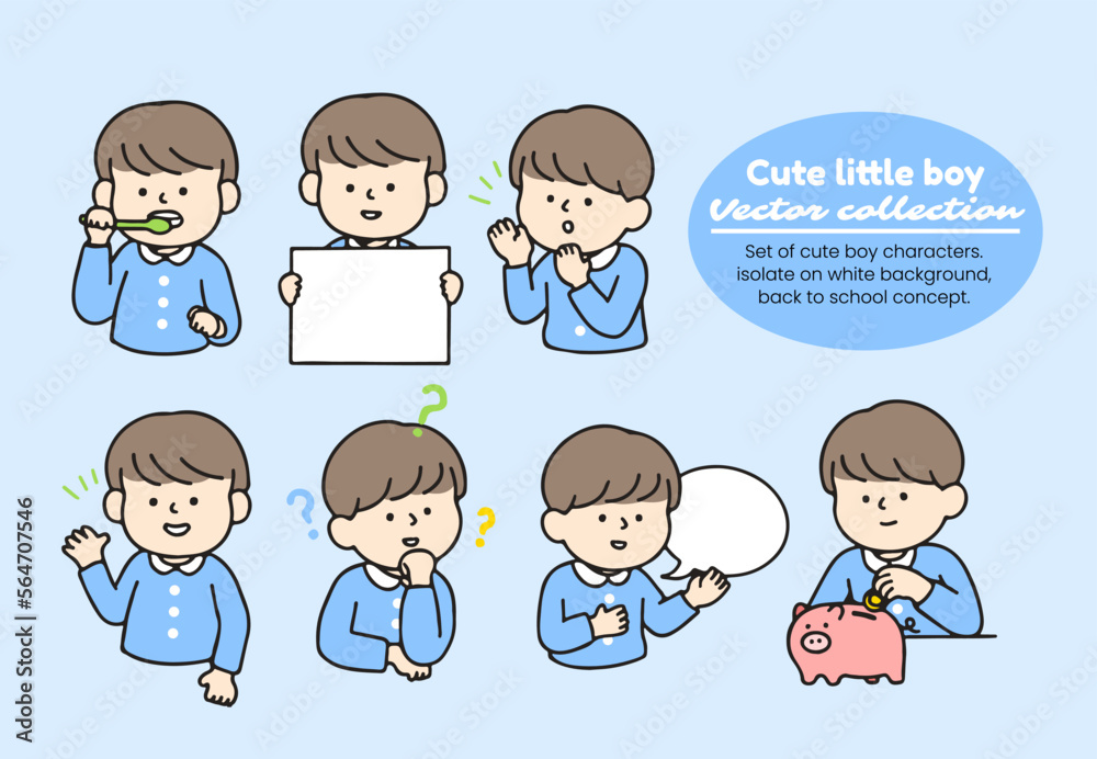 Set of cute boy characters. isolate on white background, back to school concept.