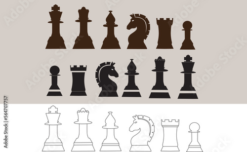 Chess icons set. Outline set of chess vector icons for web design isolated on white background