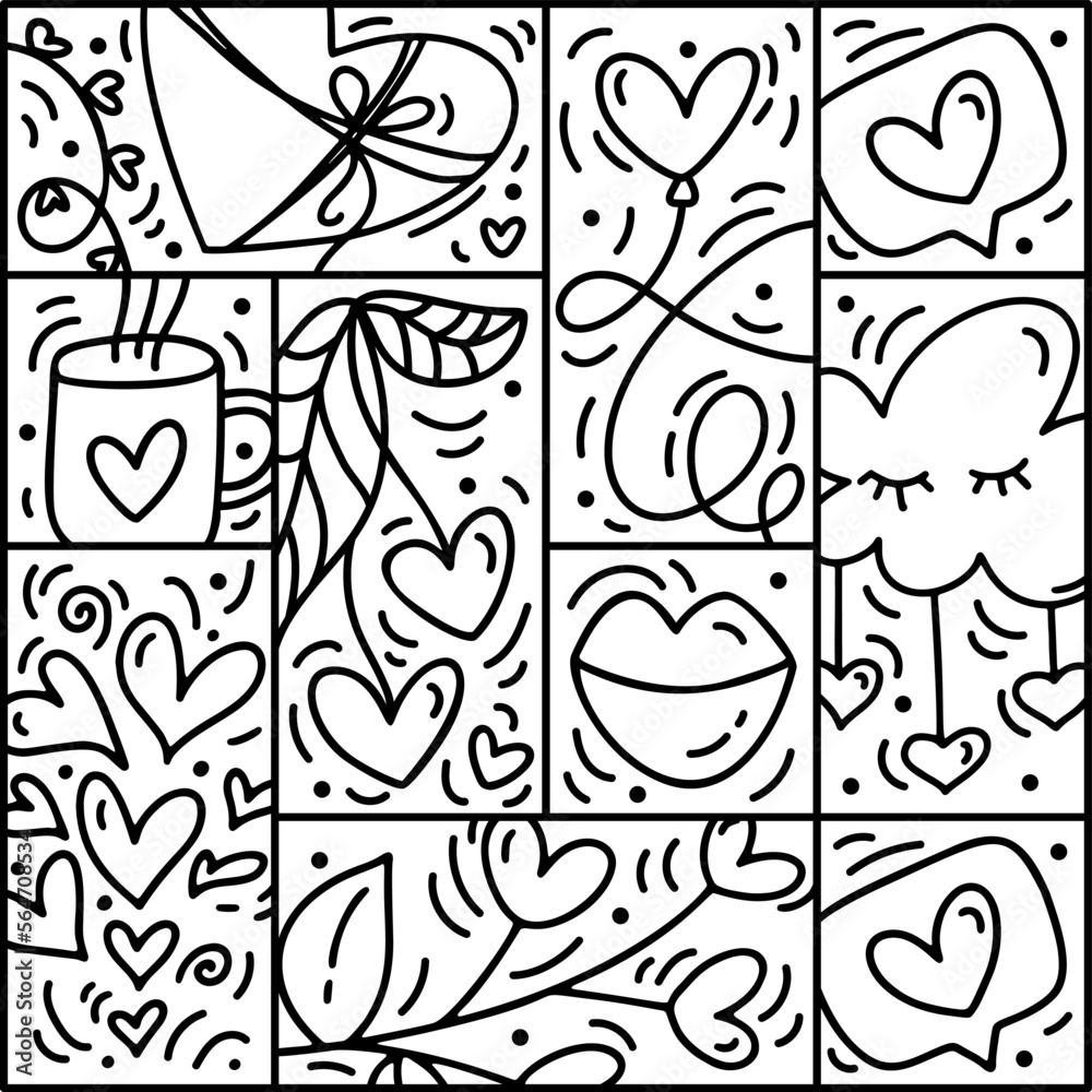 Valentines logo vector seamless pattern love, lips, heart and cloud. Hand drawn monoline constructor for romantic greeting card Valentines logo vector seamless pattern love, lips, heart and cloud. Hand drawn monoline constructor for romantic greeting card