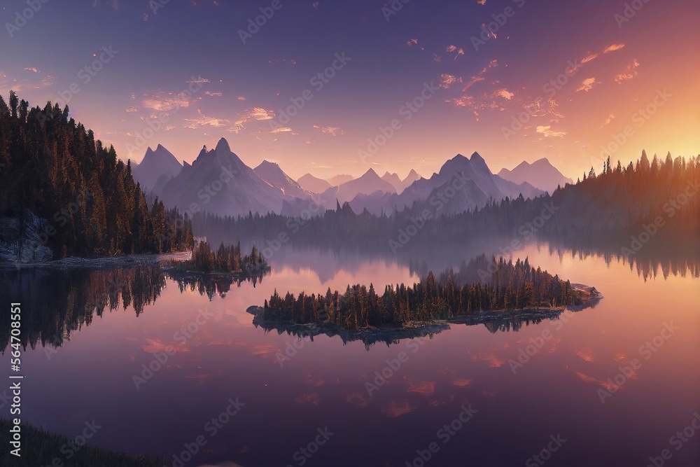 Fototapeta premium Morning View in the Mountain with lake. Genarative AI