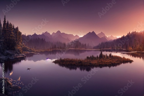 Morning View in the Mountain with lake. Genarative AI © CREATIVE STOCK