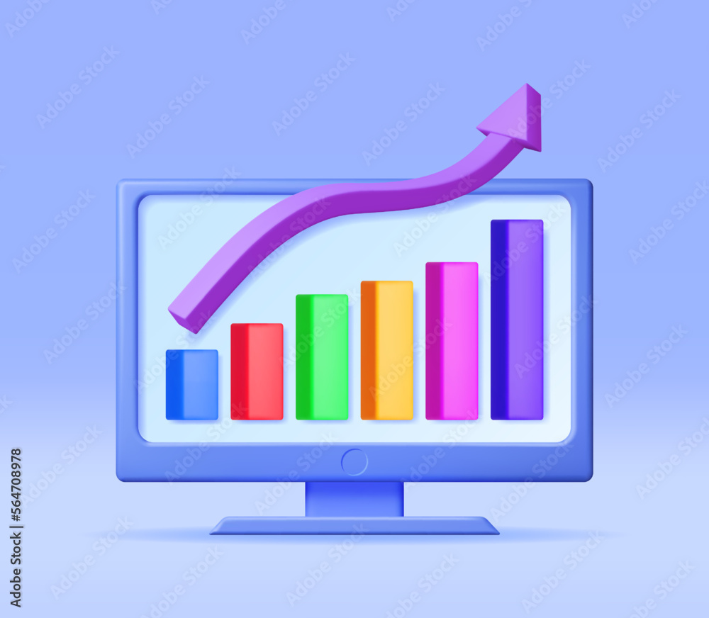 3D Growth Stock Chart and Arrow on Desktop Computer. Render Stock Arrow with Money on Monitor Shows Growth or Success. Financial Item, Business Investment. Money and Banking. Vector Illustration 3D Growth Stock Chart and Arrow on Desktop Computer. Render Stock Arrow with Money on Monitor Shows Growth or Success. Financial Item, Business Investment. Money and Banking. Vector Illustration