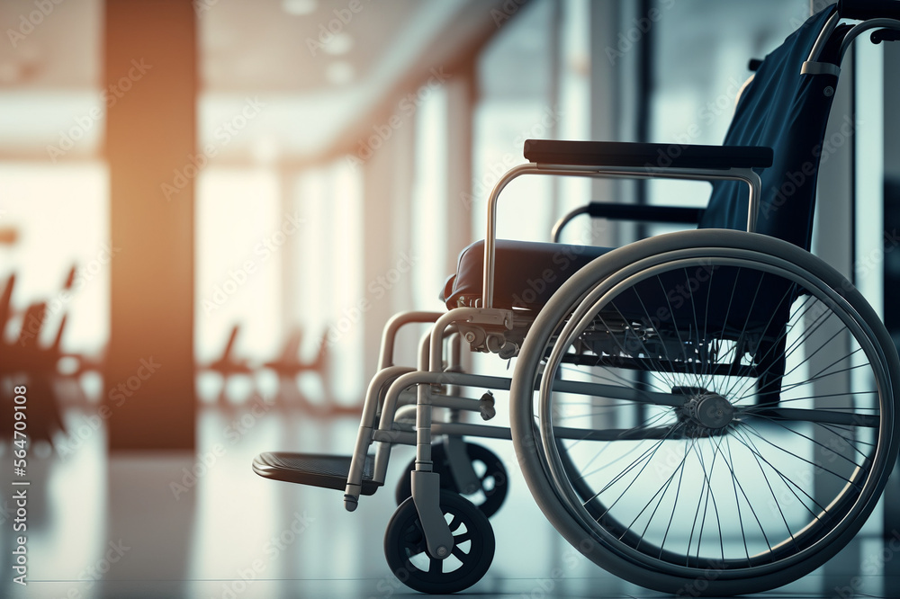 Fototapeta premium wheel chair in the hospital, public healthcare concept. Generative AI
