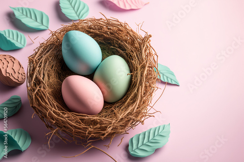 Pastel colored easter eggs on a nest and copy space with easter day concept, top view, AI generated.