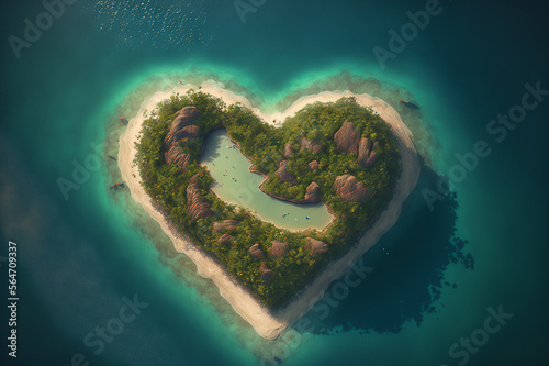 Paradise island with heart shape, honeymoon travel concept for lovers, trip for lovers. couple vacation. Generative AI.