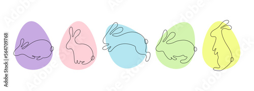 Set of Easter bunny rabbits eggs vector illustration. Standing, running, sitting and jumping linear rabbits in eggs silhouettes. Simple hare icons. Editable stroke