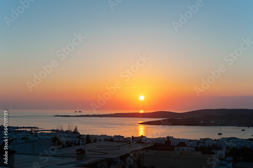 Sunset over port of Parikia, Paros, Greece