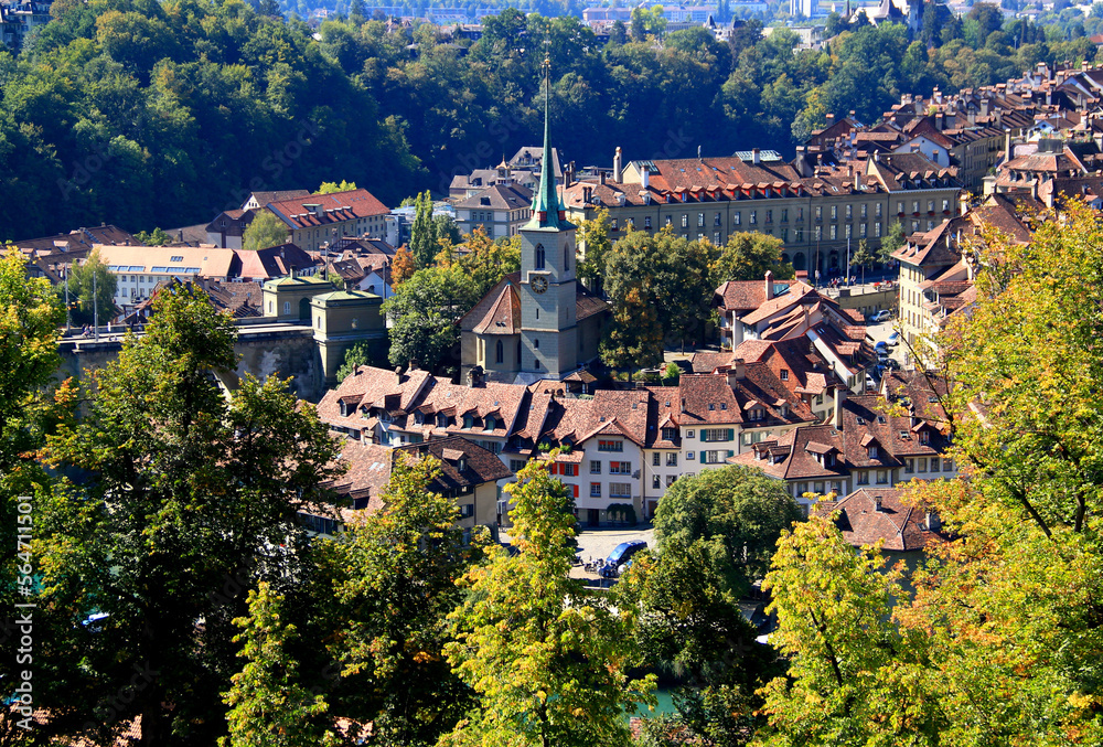 Photo with a panoramic view of the Nydeggkirche and the streets of the historic part of Bern, Switzerland Photo with a panoramic view of the Nydeggkirche and the streets of the historic part of Bern, Switzerland