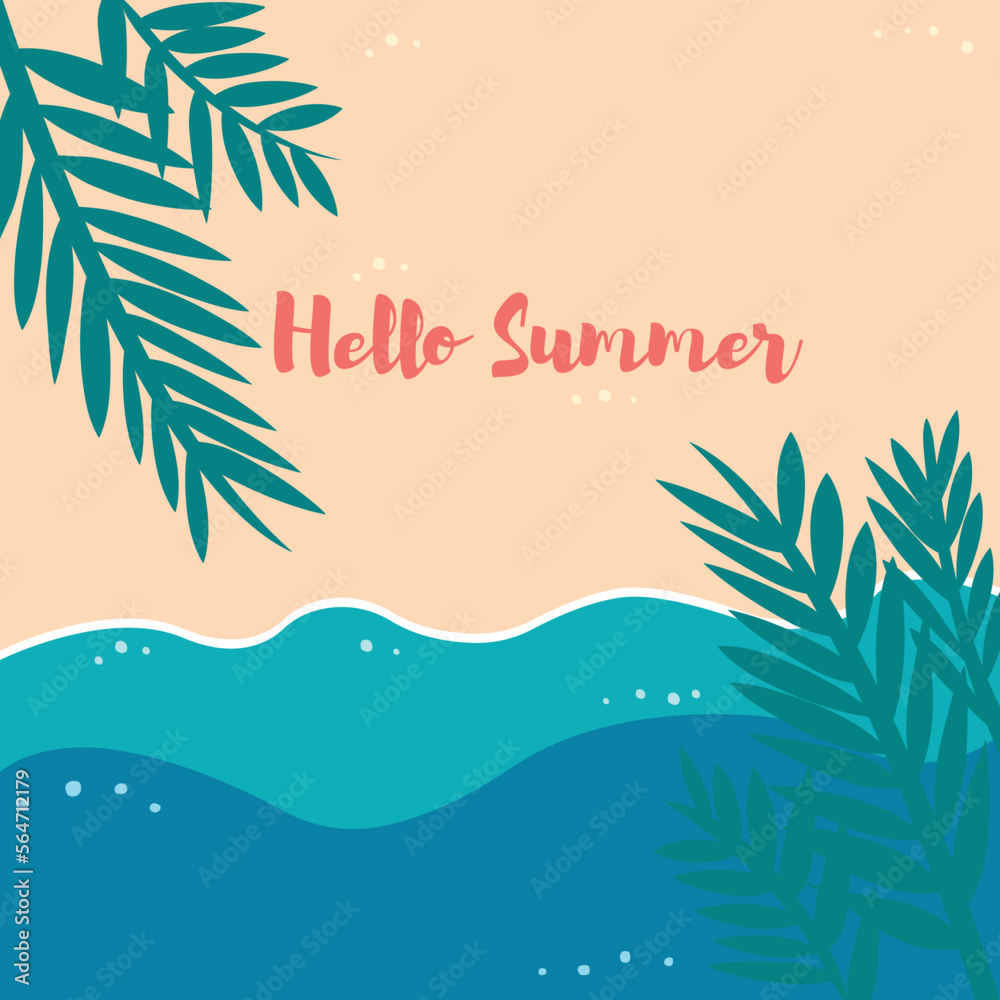 Summer sea background, cartoon illustration. Tropical beach with beach elements. Background of sea with sandy beach. Summer Concept