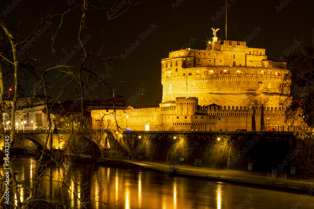 Castel Sant Angelo or Mausoleum of Hadrian in Rome Italy, Europe at night. Famous tourist attraction of Italy