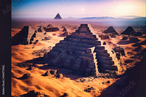 aerial view of a bunch of ancient step pyramids in desert with red sand at sunset with colorful sky some mountains and pyramid at background  generative AI