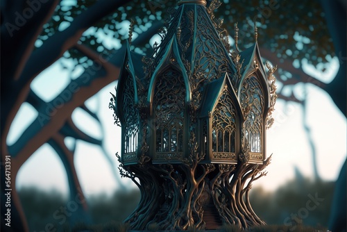 A Sci-fi steam punk baroque concept design of a gothic tree house. photo