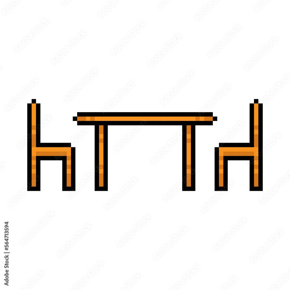 Pixel table and chairs icon. Color silhouette. Front side view. Editable pixels. Vector simple flat graphic illustration. Isolated object on a white background. Isolate. Pixel table and chairs icon. Color silhouette. Front side view. Editable pixels. Vector simple flat graphic illustration. Isolated object on a white background. Isolate.