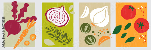 Vegetables paper-cut elements for social media, postcards, and print. Hand-drawn turnip, carrot, onion, rosemary, brussels sprouts, garlic photo