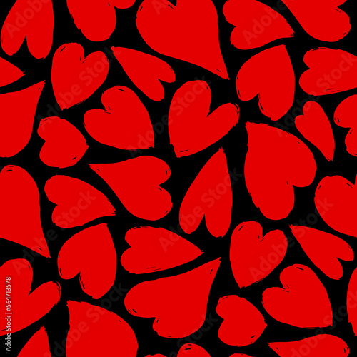 Small red ink hearts isolated on black background. Cute monochrome seamless pattern. Vector simple flat graphic hand drawn illustration. Texture.