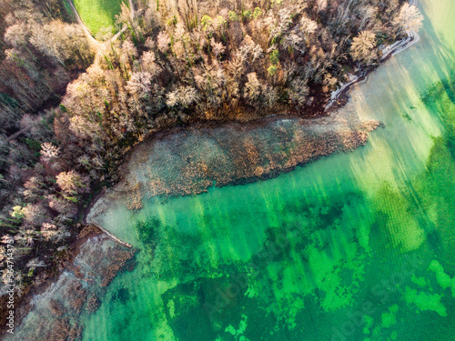 Aerial view of the shore of St. Peter`s Island at the lake Biel (Bienne), Switzerland