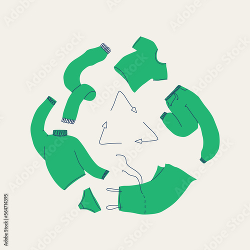 Recycling of clothes, textiles. Various wear - men's and women's are circling around the recycling icon. Vector illustration of the concept of conscious consumption, reuse and donation.