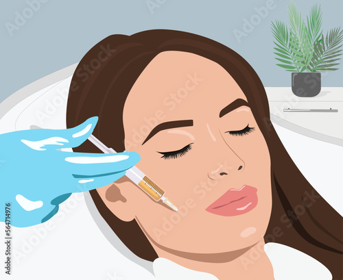 Cosmetologist does prp therapy on the face of a beautiful woman. Cosmetology concept. vector image