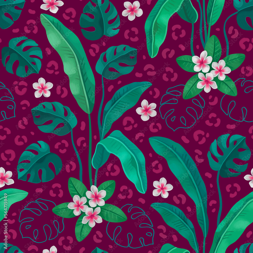 Fototapeta premium Hand painted illustration of Tropical leaves and flowers