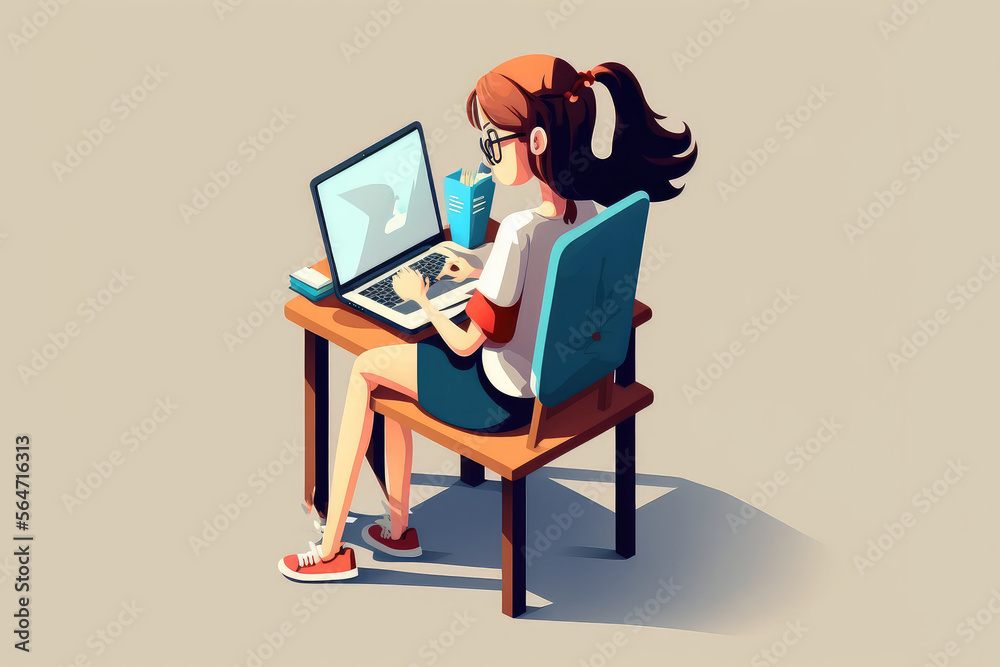 girl with laptop sitting on the chair. Freelance or studying concept. Cute illustration in flat style. (ai generated) girl with laptop sitting on the chair. Freelance or studying concept. Cute illustration in flat style. (ai generated)