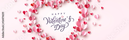 Valentine postcard with paper flying hearts on pink background. Vector symbols of love for Happy Valentine's Day greeting card design