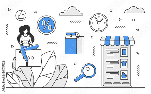 Online shopping store. Ecommerce business, digital shop, ordering online vector monocolor illustration