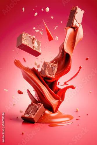 Tablette de chocolat cassée en mouvement. Explosion et éclats de chocolat. Generative AI.