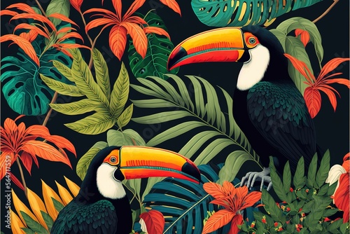 Pattern of a tropical artwork, with multicolored hand drawn elements and funny patchwork background. Monstera and Toucans pattern, perfect for fashion and decoration © Azar