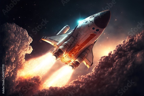 Rocket takes off in the starry sky. Spaceship begins the mission. Space shuttle taking off on a mission