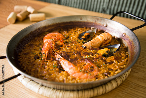 Traditional Spanish paella with red prawns from Ibiza. Typical recipe with seafood from the famous Spanish tapa.
