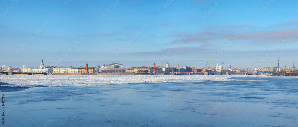 Panorama of the Neva River and the arrows of Vasilievsky Island. Saint Petersburg