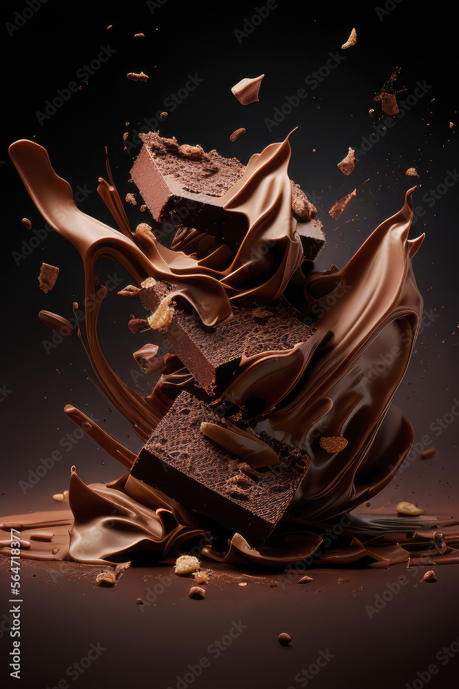 Tablette de chocolat cassée en mouvement. Explosion et éclats de chocolat. Generative AI.