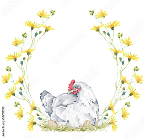 Wallpaper Mural Watercolor Meadow Flower Wreath with Hen. Hand drawn spring flower arrangement. Easter illustration Torontodigital.ca