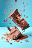 Tablette de chocolat cassée en mouvement. Explosion et éclats de chocolat. Generative AI.