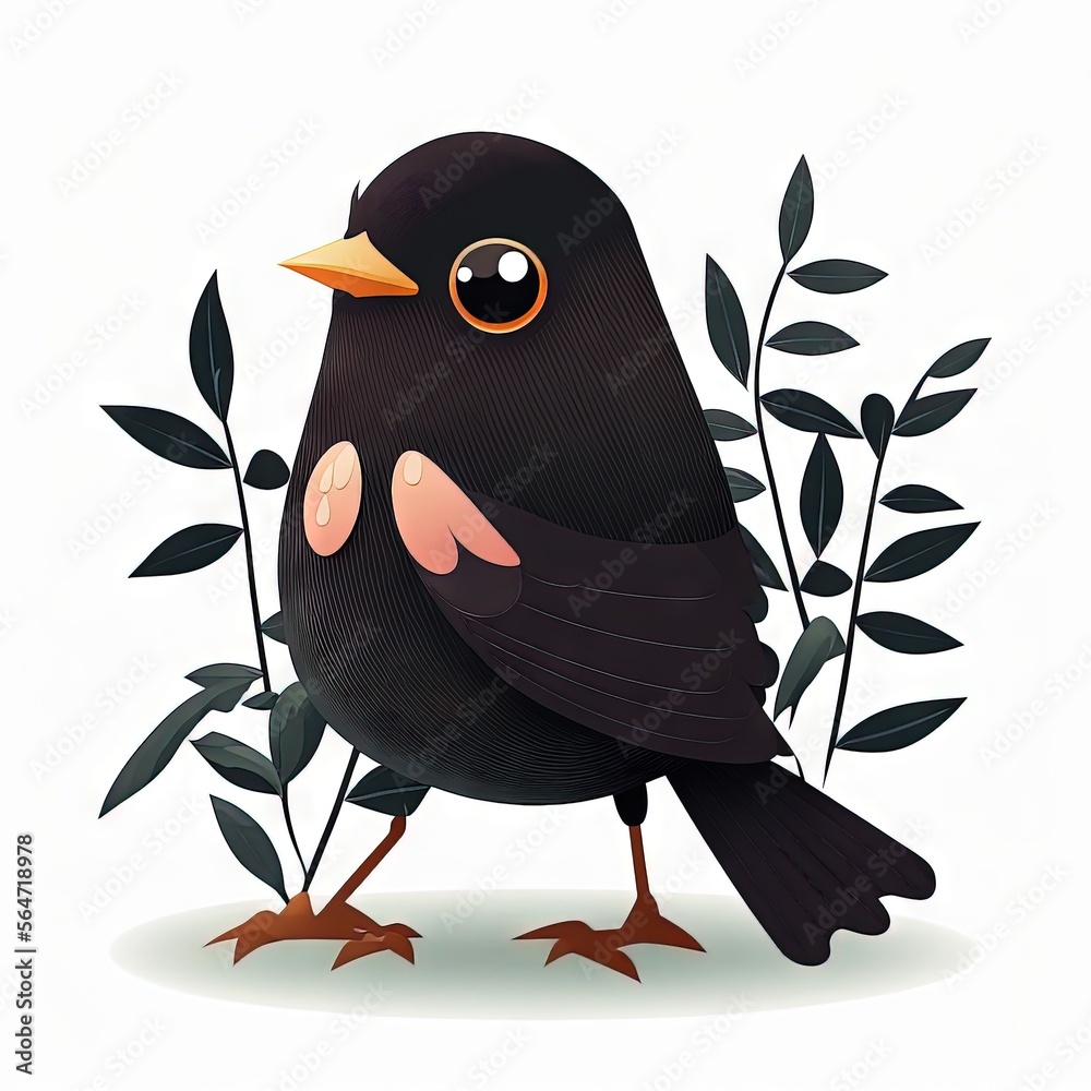 Obraz premium a black bird with a yellow beak and orange eyes sitting on a branch of a plant with leaves around it, with a white background, with a white background, and a black,. generative ai